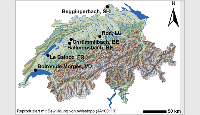 Lage der sechs Einzugsgebiete in der Schweiz.
