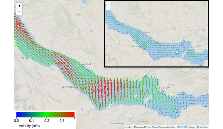 Fig. 3 Distribution des courants du lac de Zurich le 4 mars 2017, à 10 h. L’encart en haut à droite indique la situation deux heures plus tôt. Ce brusque changement montre la nature explosive de tels événements. Les rafales de foehn observées en Suisse ce jour-là ont entraîné la formation temporaire de courants atteignant jusqu’à 0,43 m/s dans le lac, soit le record annuel calculé par le modèle.