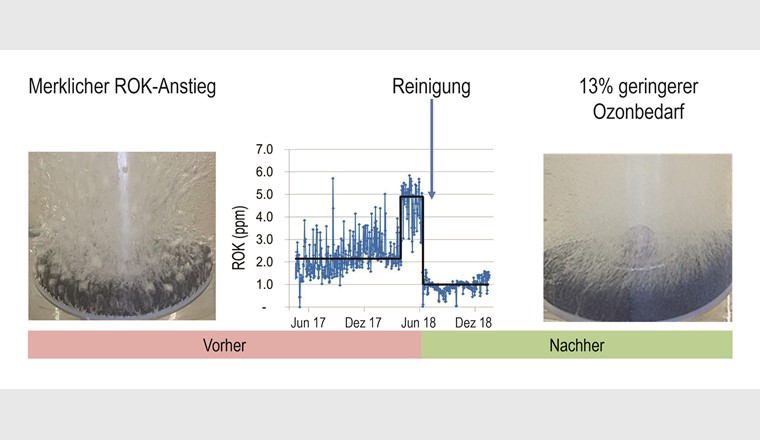Blasenbild eines Ozon-Diffusors in der Testvorrichtung ARA Neugut. Links: Diffusor nach 4 Jahren im Einsatz vor der Reinigung mit deutlich grösseren Blasen. Rechts: gleicher Diffusor nach der Reinigung mit vielen kleinen Blasen.