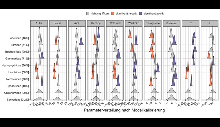 Positive (blau), negative (rot) oder nicht signifikante (grau) Umwelteinflüsse auf die modellierte Vorkommenswahrscheinlichkeit für ausgewählte Taxa (A10m = Ackeranteil in 10 m breitem Uferstreifen, InsLW = Insektizid-Landnutzungsindex bezüglich Landwirtschaft, GVE = Anzahl Grossvieheinheiten pro km2 im Einzugsgebiet, Siedlung = Siedlungsanteil im Einzugsgebiet, Wald lokal = Bewaldung des Uferbereichs im Umkreis von 150 m, Wald EZG = Bewaldung des Uferbereichs im Einzugsgebiet, Fliessgeschw = Fliessgeschwindigkeit, Breitenvar = Breitenvariabilität, T = Temperatur, T2 = Temperatur im Quadrat, die Aufnahme dieses Faktors ins Modell ermöglicht eine parabelförmige Abhängigkeit der Vorkommenswahrscheinlichkeit von der Temperatur, da einige Taxa mittlere Temperaturen bevorzugen und sowohl auf zu kalte als auch auf zu warme Temperaturen negativ reagieren). Die Zahlen in eckigen Klammern geben an, in wie viel Prozent der Proben das Taxon beobachtet wurde. Resultate des Modells, das an den schweizweiten kombinierten Datensatz (CHKf) gefittet wurde.