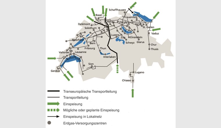 Hauptnetz der Schweizerischen Erdgasversorgung. (Quelle: Verband der Schweizerischen Gasindustrie VSG [4])