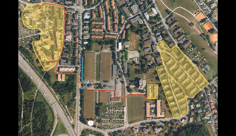 Mit der aus der Quellwasserleitung in Zürich-Wollishofen gewonnenen Wärme wird die Siedlung Neubühl seit 20 Jahren beheizt (rechts). Aufgrund der positiven Erfahrungen wurde in den Jahren 2015 bis 2019 der Verbund auf die Gebiete links im Bild erweitert. Blau: Quellwasserleitung; rot: Zwischenkreis zu den Heizzentralen. (Quelle: ewz)
