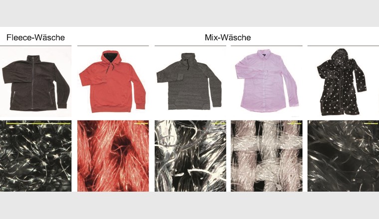 Kleidungsstücke und Gewebe der Fleece-Wäsche (8 Jacken) und Mix-Wäsche (Pullover, Hemden, Bademantel).