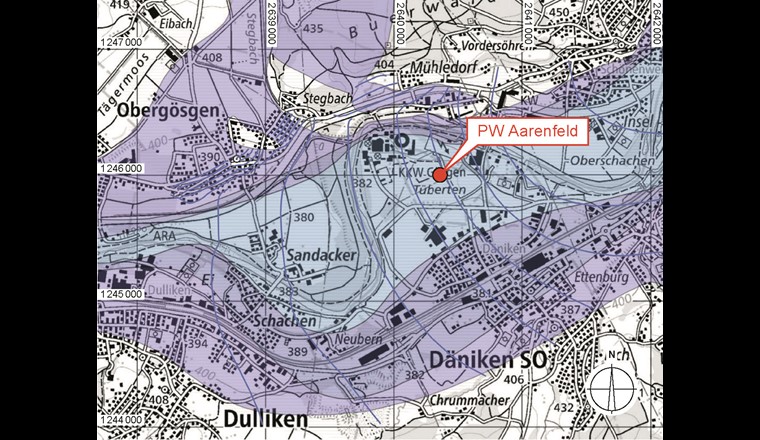 Grundwasserkarte mit Fassungsstandort. (Karte: Geoportal Kt. Solothurn)