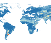 Globale Gefährdungskarte von Arsenverschmutzungen im Grundwasser: Rot bedeutet eine hohe Wahrscheinlichkeit, dunkelblau eine geringe Wahrscheinlichkeit, dass sich mehr als 10 Mikrogramm pro Liter Arsen im Grundwasser befinden. (Grafik: Podgorski et al., 2020)