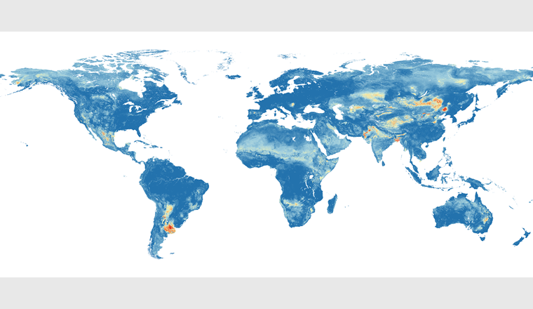 Globale Gefährdungskarte von Arsenverschmutzungen im Grundwasser: Rot bedeutet eine hohe Wahrscheinlichkeit, dunkelblau eine geringe Wahrscheinlichkeit, dass sich mehr als 10 Mikrogramm pro Liter Arsen im Grundwasser befinden. (Grafik: Podgorski et al., 2020)