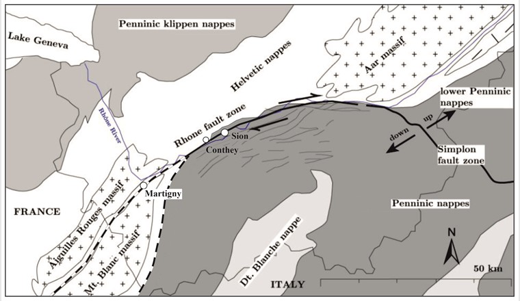 Fig. 6 Tectonique générale de la vallée du Rhône et position de la ligne de failles Rhône-Simplon (modifiée d’après [8]).