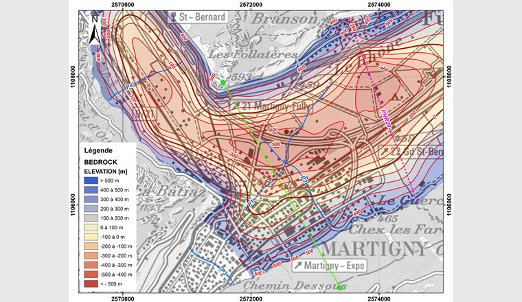 Fig. 4 Isohypses (rouge) du toit du soubassement rocheux dans le secteur du coude du Rhône à Martigny et situation des profils sismiques (bleu et rose).