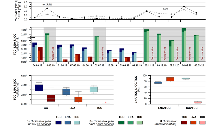 Fig. 2 (en haut) Evolution temporelle des TCC, LNA et ICC pour l’eau brute et l’eau chlorée de la source du Cossaux. Les zones grisées indiquent les campagnes de prélèvements durant lesquelles la source du Cossaux est mise en décharge. L’évolution temporelle du carbone organique total (COT), déduit de l’extinction à 254 nm, et de la turbidité de l’eau brute est également illustrée. 
(en bas) Diagrammes en boîte (de Tukey) des données de TCC, LNA et ICC, ainsi que des taux LNA/TCC et ICC/TCC, pour chaque point de prélèvement. Brièvement, la boîte, comprenant 50% des données, est délimitée par le 1er quartile et le 3e quartile. La médiane (2e quartile) est indiquée par la ligne horizontale. Les moustaches comprennent toutes les valeurs inférieures au 1er quartile et supérieures au 3e quartile pour autant que la longueur des moustaches corresponde au maximum à 1,5 fois l’écart interquartile (i. e. 3e quartile – 1er quartile). Les valeurs situées au-delà, marquées par un carré, sont considérées comme étant aberrantes. S: source.