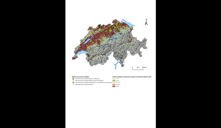 Fig. 3 Plus la part des terres ouvertes est élevée par rapport à la surface agricole utile totale, plus la pollution des eaux souterraines par les nitrates est présente dans des concentrations supérieures à 25 mg/l. Tel est le résultat du relevé réalisé en 2017 dans les stations de mesure des captages d’eau potable pour lesquels une aire d’alimentation a été déterminée.