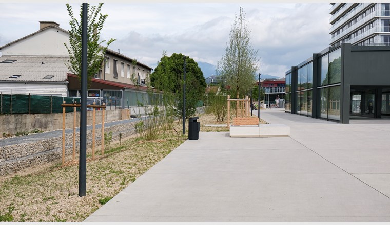Fig. 2 Gestion des eaux pluviales intégrée aux espaces publics de la gare de Chêne-Bourg (GE). 
(© Etat de Genève, Théo Gardiol)