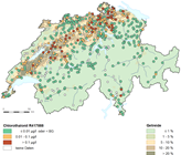 Maximalwert pro NAQUA-Messstelle. BG: Analytische Bestimmungsgrenze. Die Karte zeigt auf Grundlage der Ergebnisse von etwa 400 Messstellen (Pilotstudie 2017/2018 und Langzeitmonitoring 2019) eine weiträumige Verbreitung von Chlorothalonil R417888 im Grundwasser des Mittellandes und einiger grosser Talebenen. (© BAFU) Maximalwert pro NAQUA-Messstelle. BG: Analytische Bestimmungsgrenze. Die Karte zeigt auf Grundlage der Ergebnisse von etwa 400 Messstellen (Pilotstudie 2017/2018 und Langzeitmonitoring 2019) eine weiträumige Verbreitung von Chlorothalonil R417888 im Grundwasser des Mittellandes und einiger grosser Talebenen. (© BAFU)