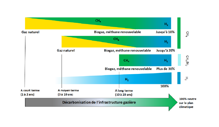 Fig. 5 Evolutions des scénarios de la qualité du gaz (part d’H2 de 10 vol.-%, 20 vol.-%, plus de 30 vol.-% et 100 vol.-%) en lien avec une décarbonisation de l’infrastructure gazière. Certaines applications ont une tolérance nulle ou très peu élevée à l’hydrogène. Des solutions techniques existent déjà pour faire face à cette situation. Il reste encore à clarifier la qualité réelle que le gaz transporté (CH4/H2) possèdera majoritairement dans un avenir plus lointain. La part d’hydrogène atteindra certainement des valeurs à deux chiffres.