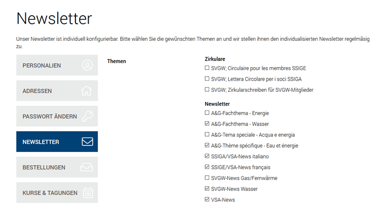 Screenshot 3: Im eröffneten Konto auf der SVGW-Plattform kann man unter «Newsletter» die Konfiguration nach Sprache und Themen vornehmen.