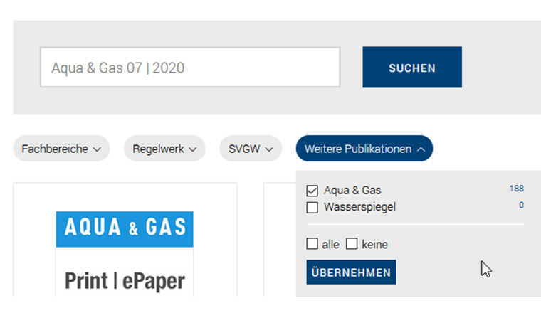 Screenshot 1: Navigieren kann man, indem man ein gesuchtes Heft aufruft bzw. die Heftausgabe über das Suchfeld z.B. «Aqua & Gas 01 | 2020 » sucht.