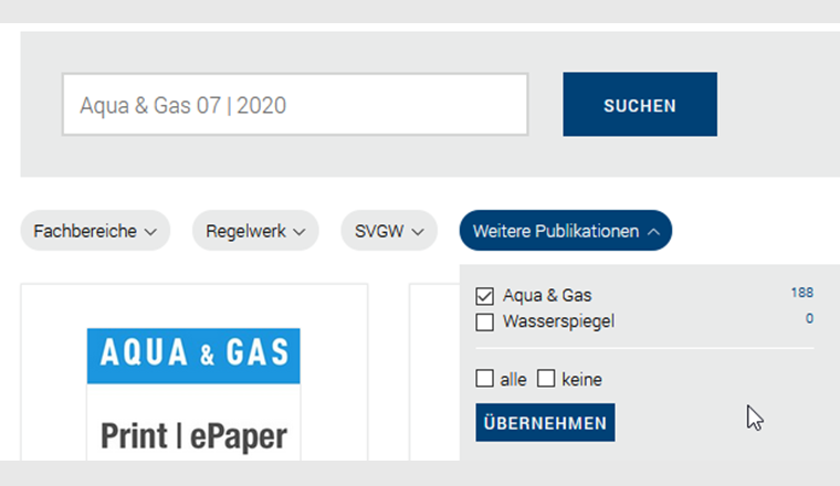Screenshot 1: Navigieren kann man, indem man ein gesuchtes Heft aufruft bzw. die Heftausgabe über das Suchfeld z.B. «Aqua & Gas 01 | 2020 » sucht.