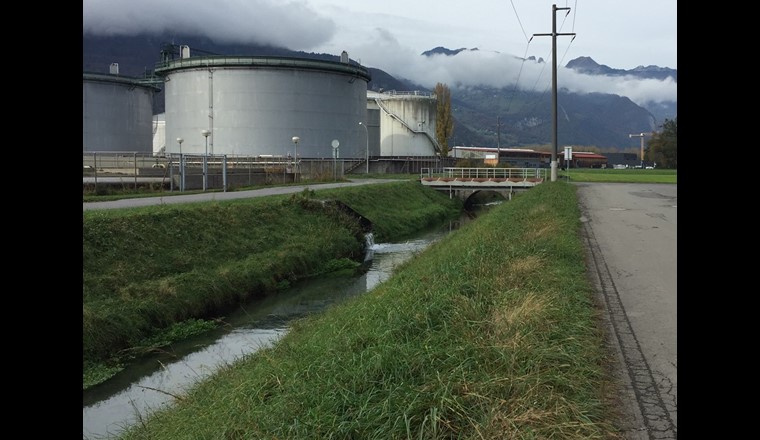 En amont du Lac Léman dans le bas-Valais, l’industrie chimique et l’agriculture sont très présentes. Cette région est drainée par plusieurs canaux artificiels sur la rive gauche du Rhône. Afin d’établir un état des lieux de la qualité des sédiments de ces canaux, 10 sites répartis entre Massongex et Port-Valais ont été étudiés fin 2019. Sur la photo: un des canaux étudiés, le Canal du Bras-Neuf à Collombey-Muraz