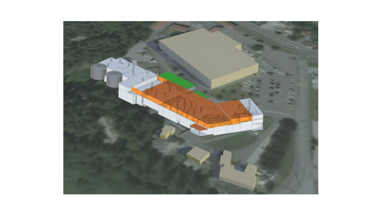 Fig. 1 Vue schématique provisoire de la future station d’épuration de la ville du Locle. De gauche à droite: le traitement des boues, le traitement de micropolluants, le traitement biologique des eaux, et les prétraitements.