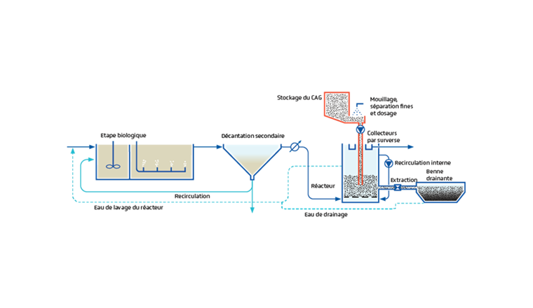 Fig. 2. Schéma de principe des différents éléments du traitement des micropolluants par CAG en lit fluidisé. Dans le cas de la STEP de Penthaz, une filtration sur disques suit la décantation secondaire.
