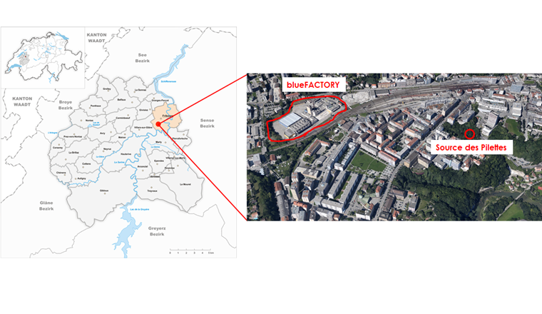 Fig. 2 Localisation du site de blueFACTORY et de la source des Pilettes.