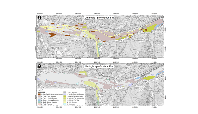 Fig. 1 Cartes lithologiques de la plaine du Rhône dans la région de Viège mettant en évidence la distribution des matériaux constitutifs du sous-sol à respectivement  3 m et 10 m de profondeur. Les cartes sont extraites d’un modèle géologique 3D réalisé à partir des données de forage disponibles dans le cadastre cantonal des forages. (https://geocadast.crealp.ch/; source: SEN)
