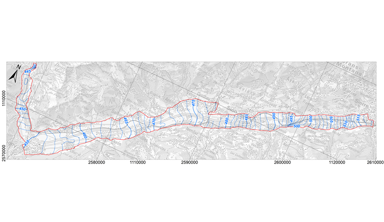 Fig. 4 Isopièzes moyennes en mètre représentatives du mois de février calculées pour la période de référence 1976–2017 (secteur Sierre-Évionnaz).