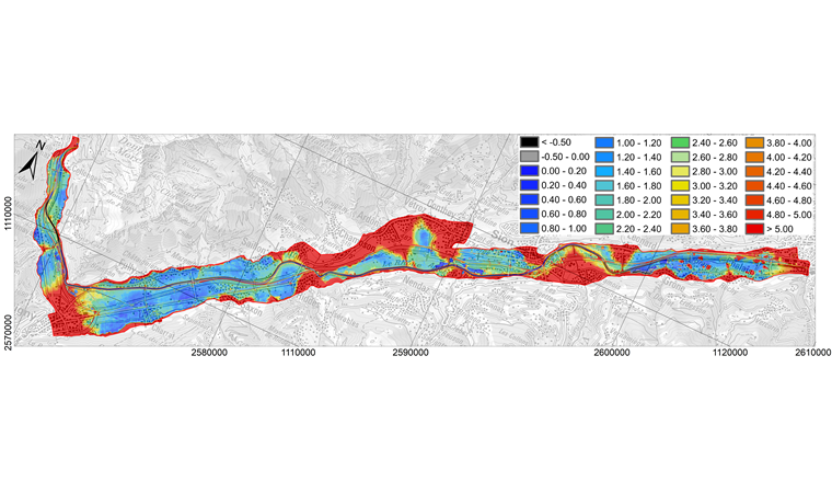 Fig. 5 Epaisseur moyenne de la zone non saturée en mètre représentative du mois de février calculée pour la période de référence 1976–2017 
(secteur Sierre-Évionnaz).