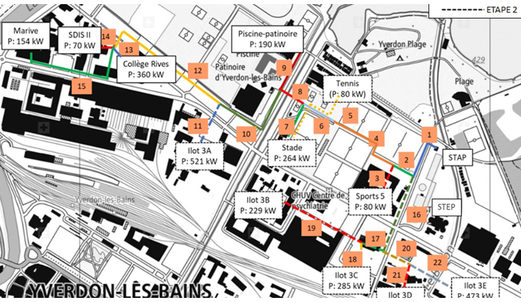 Fig. 6 Périmètre de desserte du réseau de chauffage urbain CAD STEP d'Yverdon-les-Bains. 
(Source: Planair SA, ingénieurs conseils SIA)