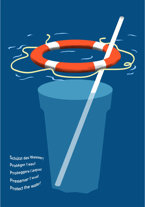 Fruzsina Korondis stimmige Neuinterpretation von Hans Ernis ikonischem Plakat «Rettet das Wasser!». Korondis Appell lautet «Schützt das Wasser!». Denn was gestern gerettet  werden musste, ist heute zu schützen – ohne zwischen Oberflächen-, Grund- und Trinkwasser zu unterscheiden oder Grenzen zu ziehen. (© Fruzsina Korondi)