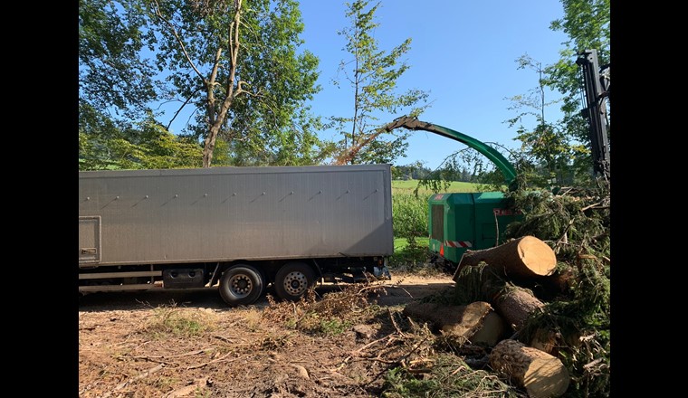 Fig. 4 Les plaquettes de bois arrivent du broyeur sur la semi-remorque. (Photo: WSL)