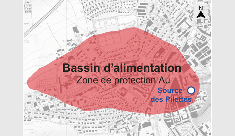 Fig. 2 Bassin d’alimentation de la Source des Pilettes à Fribourg. (map.geo.fr.ch)