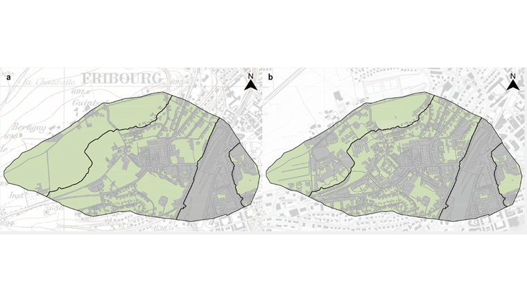Fig. 7 Évolution du bassin d’alimentation entre (a) 1949 et (b) 2019. (© swisstopo BA20061)