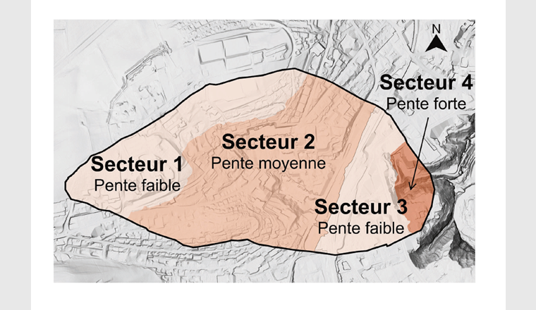 Fig. 6 Relief de terrain avec secteurs de pentes considérés (tab. 2; © swisstopo BA20061 et État de Fribourg).