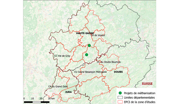 Fig. 1 Périmètre de la zone d’études et localisation des projets étudiés. (Sources: BD Topo 2018; GRDF)