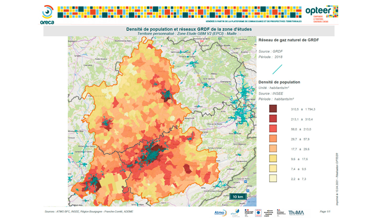 Fig. 2 Réseaux de distribution GRDF et densité de population de la zone d’études (carte produite avec la plateforme OPTEER).