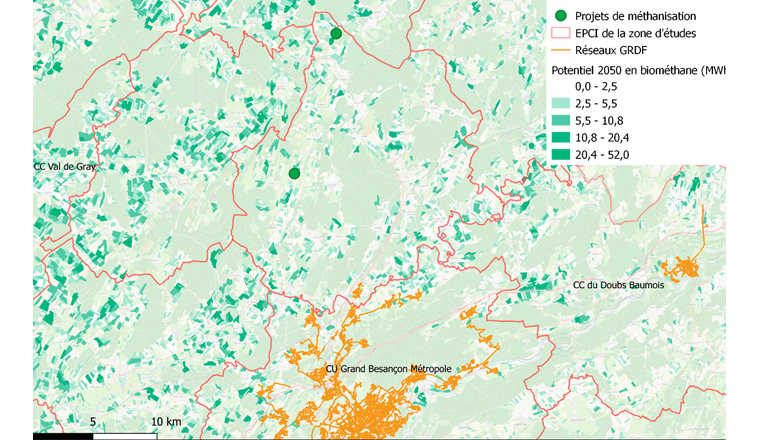 Fig. 5 Gisement 2050 en résidus de cultures (maille parcelle), réseaux de gaz GRDF et projets étudiés. Estimation personnelle du gisement d’après les scénarios «Un mix de gaz 100% renouvelable en 2050?» [2] et «Afterres 2050» [9].