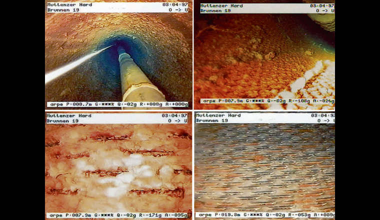 Fig. 8 Bilderquartett aus der Videoanalyse von 1999 vom Brunnen B19 mit Ausbau Schlitzbrückenfilterrohr aus verzinktem Stahl.