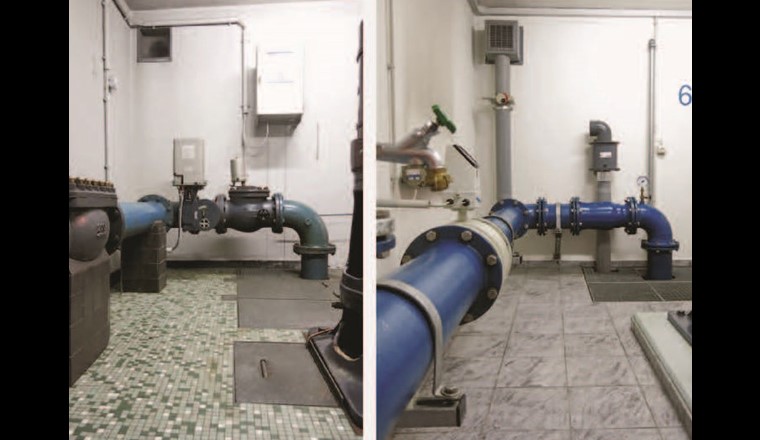 Fig. 11 Brunnenstube vor und nach Instandsetzung: neue Rohrleitungen, Durchflussmessgerät und Düsenrückschlagventil.