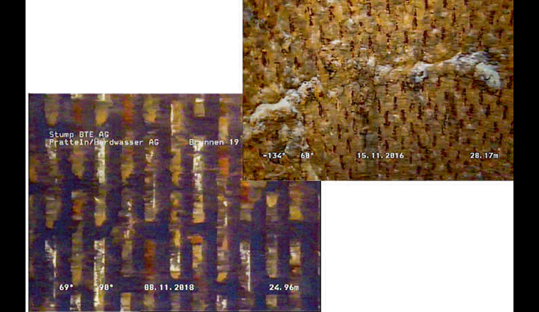 Fig. 22 Detailaufnahmen des Schlitzbrückenfilters vor und nach der Regeneration. Das regenerierte Filterrohr zeigt sogar blanke Stellen im Bereich der Schlitzbrücken.
