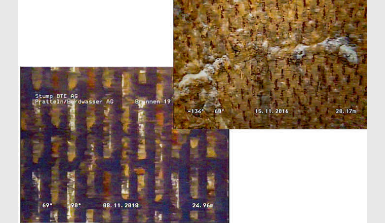 Fig. 22 Detailaufnahmen des Schlitzbrückenfilters vor und nach der Regeneration. Das regenerierte Filterrohr zeigt sogar blanke Stellen im Bereich der Schlitzbrücken.