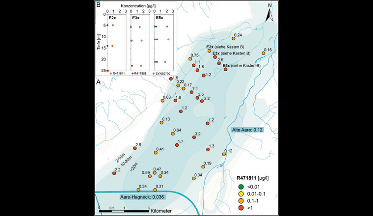 Fig. 3 A) Räumliche Verteilung des CT-Metaboliten R471811 im Grundwasser des Berner Seelandes im März 2020. B) Tiefenprofil der CT-Metaboliten R471811, R417888 und SYN507900 in den Multi-Level-Messstellen E2x, E3x und E5x (Daten aus [15], Hintergrund: [19]). Gelbe Flächen entsprechen Grundwasserrandgebieten, die verschiedenen Blautöne stellen die unterschiedlichen Mächtigkeiten des Grundwasservorkommens dar (je dunkler, desto mächtiger). Weitere Details können aus [20] entnommen werden.
