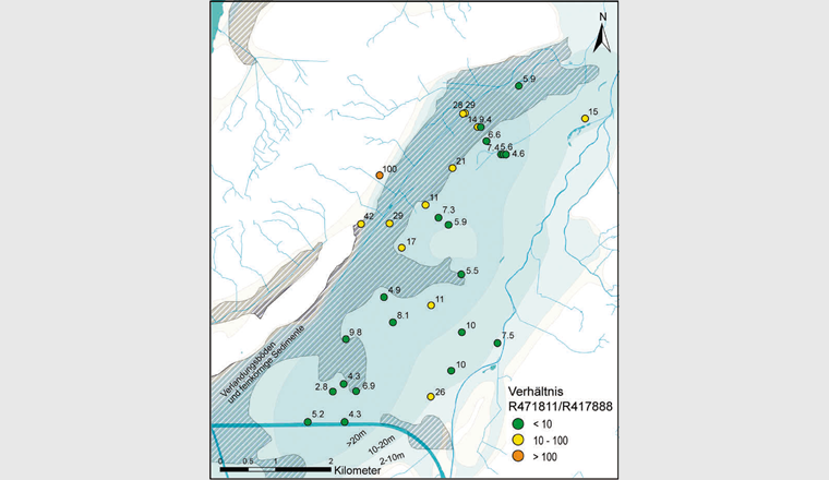 Fig. 7 Verhältnis zwischen den Metaboliten R471811 und R417888 im Grundwasserleiter des Berner Seelandes im März 2020. Bei Messstellen mit mehreren Angaben handelt es sich um Multi-Level-Messstellen, die in unterschiedlichen Tiefen beprobt wurden. Grau schraffierte Flächen entsprechen Verlandungsböden und feinkörnigen Sedimenten, basierend auf der geologischen Karte in [23] (Daten aus [15], Hintergrund: [19]).
Gelbe Flächen entsprechen Grundwasserrandgebieten, die verschiedenen Blautöne stellen die unterschiedlichen Mächtigkeiten des Grundwasservorkommens dar (je dunkler, desto mächtiger). Weitere Details können aus [20] entnommen werden.