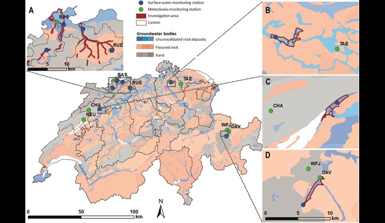 Grundwasserkörper der Schweiz (BAFU) und Lage der Lockergesteins-Grundwasservorkommen (A) Basel-Stadt und Basel-Landschaft, (B) Winterthur, (C) Biel und (D) Davos. MeteoSchweiz-Stationen (BAS, CHA, DAV, NEU, RUE, TAE, WFJ) sowie ausgewählte Fliessgewässerstandorte, für welche die Abfluss- und Temperaturentwicklung simuliert wurden.