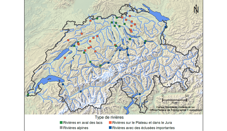 Fig. 1 Situation géographique des stations de mesures utilisées pour l’étude statistique des températures et débits passés.