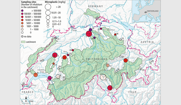 Konzentration von Mikroplastik in Schweizer Flusssedimenten und Böden. Die Konzentrationen erreichten bis zu 55,5 mg/kg oder 593 Partikel/kg
an 26 von 29 Probenahmestellen [3].