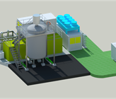 Visualisierung der Anlage zur biologischen Methanisierung, wie sie in der Machbarkeitsstudie für die ARA Reinach entworfen wurde: Der Bioreaktor (grau) wird links flankiert vom Aktivkohlefilter, rechts vom Wärmetauscher mit Kompressoren. Der Container ganz rechts dient der Speicherung von Additiven. (Illustration: microbEnergy Visualisierung der Anlage zur biologischen Methanisierung, wie sie in der Machbarkeitsstudie für die ARA Reinach entworfen wurde: Der Bioreaktor (grau) wird links flankiert vom Aktivkohlefilter, rechts vom Wärmetauscher mit Kompressoren. Der Container ganz rechts dient der Speicherung von Additiven. (Illustration: microbEnergy