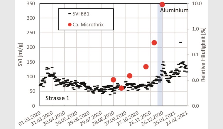 Fig. 4a SVI und relative Häufigkeit von Ca. Microthrix in Strasse 1